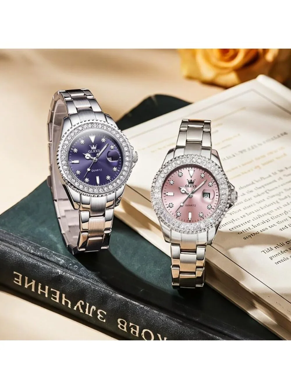 Women's Purple Luxury Diamond with Date Analog Quartz Waterproof Wrist Watch
